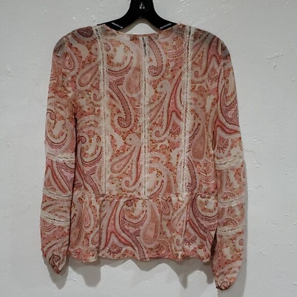 BCBGMaxAzria 100% Silk Cerise Pink Clay Combo Sheer Blouse Size XXS - Picture 7 of 13